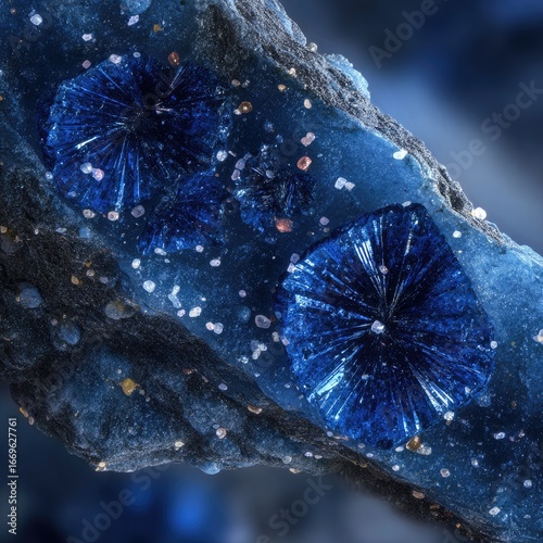 Close-up, deep blue crystals on dark rock