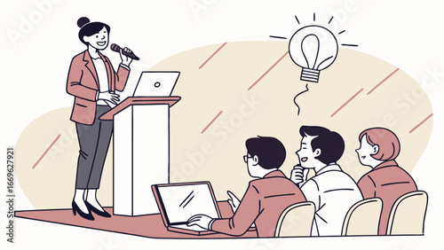 Businesswoman giving presentation with laptop and microphone.