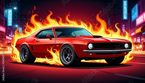 A red classic car engulfed in flames speeds down a city street at night.
