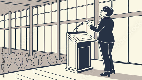Businesswoman Giving Speech at Podium in Large Hall.