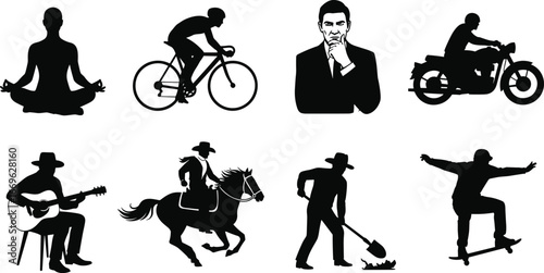 Black silhouette vector set of people doing yoga, cycling, music, skateboarding, gardening, horse riding, thinking, and motorcycle activities