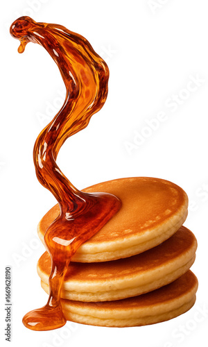 Amber syrup rivulet frozen in motion, approaching a neatly arranged pancake trio.