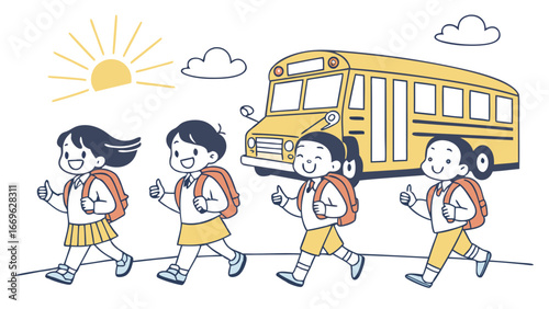 Cartoon Children Walking to School with a Yellow School Bus.