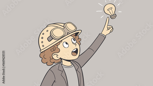 Cartoon Inventor with Lightbulb Idea Wearing Goggles and Helmet.