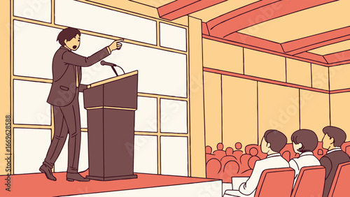 Cartoon Man Giving a Speech at a Podium to an Audience.
