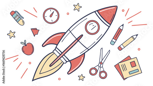 Cartoon Rocket Ship with Red Fins and Flames 1.