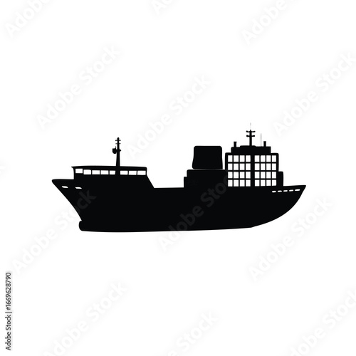 Black silhouette of a cargo container ship on a white background, container ship illustration silhouette