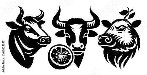 Black and White Illustrations of Cows with Citrus Fruit Elements