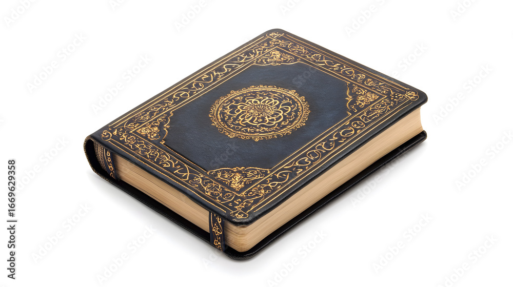 Fototapeta premium • Handmade Sehr and Iftar journal with Ramadan Mubarak in Urdu embossed in gold isolated on white background in HD 