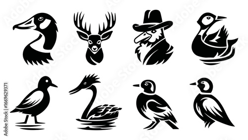 Collection of Black and White Animal Silhouettes Featuring Diverse Birds