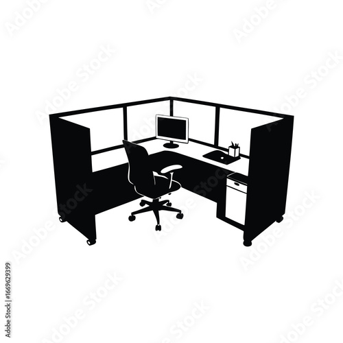 Black and white silhouette of a typical office cubicle workplace setup, cubicle workspace illustration silhouette