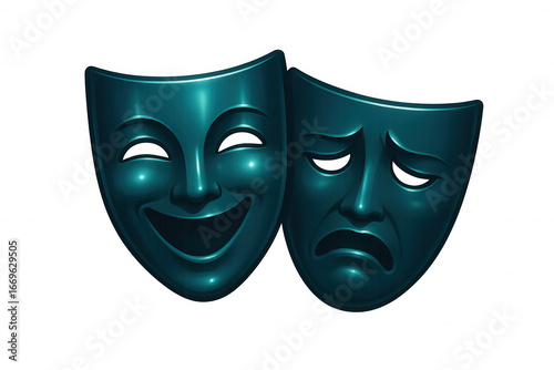 Teal comedy and tragedy theatrical masks symbolizing contrasting emotions, highlighting dramatic performance themes against transparent backdrop