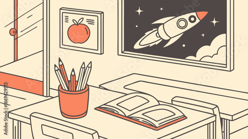 Classroom Desk with Pencils Book and Rocket Art.