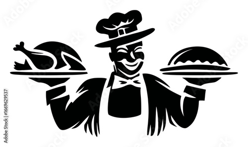 Chef Holding Dishes with Food on Platters and a Joyful Smile