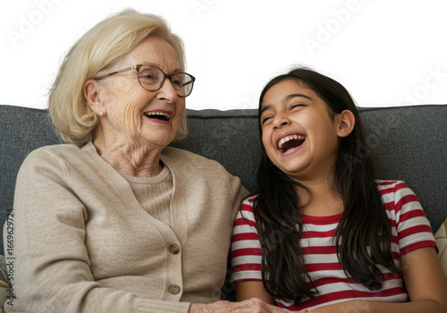 Grandmother and granddaughter share a joyful moment isolated on transparent background