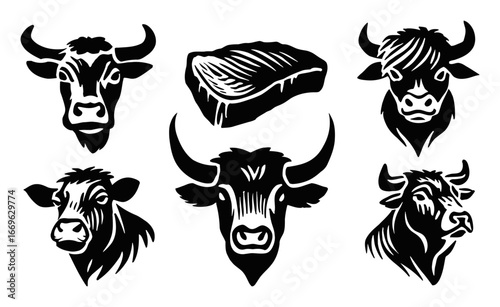 Black and White Illustration of Cows and Beef Cuts for Culinary Purposes