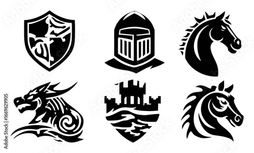 Medieval Fantasy Elements Illustrated in Black and White Style Design