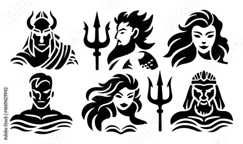 Black and White Illustrations of Mythical Sea Creatures and Heroes