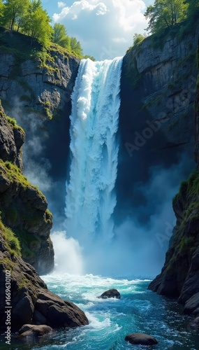 A narrow, steep, rocky chute funnels water towards a dangerous, churning whirlpool at the bottom The scene evokes a sense of powerful, untamed nature and impending peril , cascade, extreme