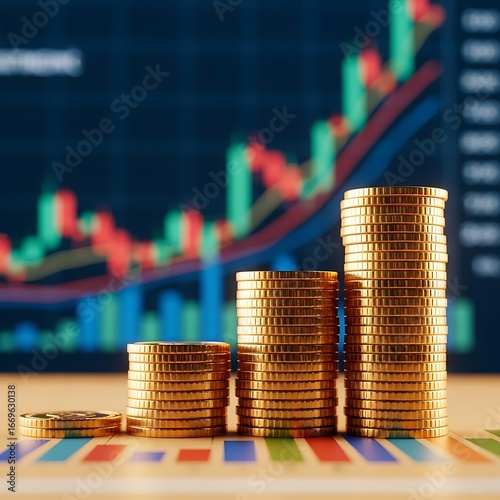 Gold coins stacked in increasing columns against a background of financial charts.