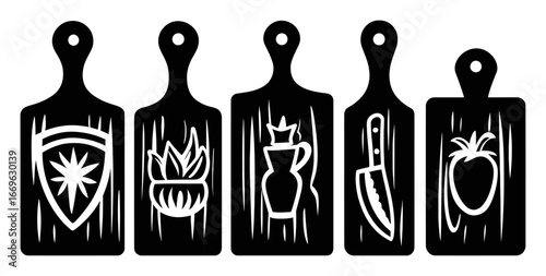 Abstract illustrations of cooking elements on cutting boards design