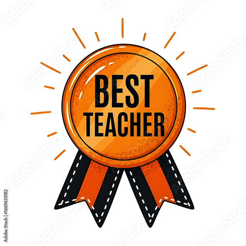 Orange "Best Teacher" Award Medal with Black Ribbon and Rays