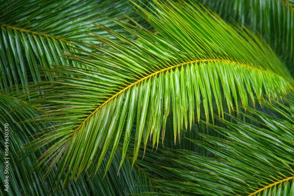 Fototapeta premium Lush green palm fronds, close-up view. The feathery leaves display various shades, creating texture and depth. Bright, tropical, and refreshing