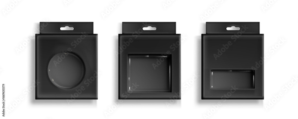 Obraz premium Black box packaging with plastic window cutouts and hanging tabs for retail display on white. Dark cardboard containers with square, circular and rectangular viewing panels for product presentation.