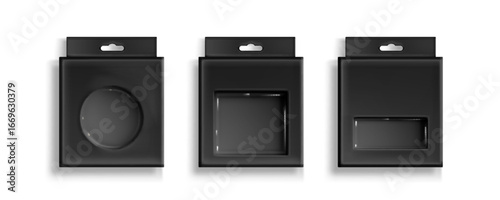 Black box packaging with plastic window cutouts and hanging tabs for retail display on white. Dark cardboard containers with square, circular and rectangular viewing panels for product presentation.