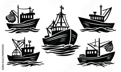 Vintage Black and White Illustrations of Fishing Boats and Vessels