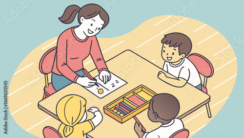 Diverse Children Learning with Teacher at Table.