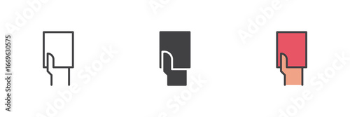 Soccer referee card icon set in line, solid and filled outline style
