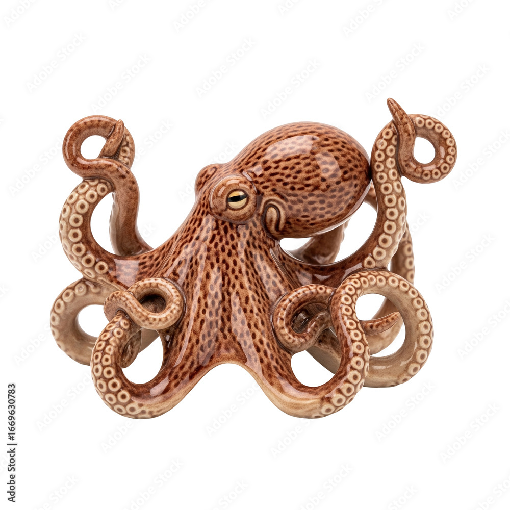 Obraz premium Brown spotted octopus porcelain figurine with curled tentacles and detailed intelligent eyes