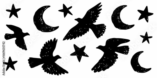 Black Silhouettes of Birds and Crescent Moons on White flying bird