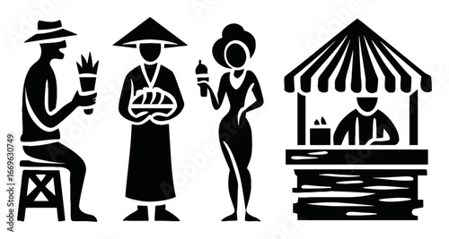 Traditional Market Scene with Diverse Characters and Food Stalls