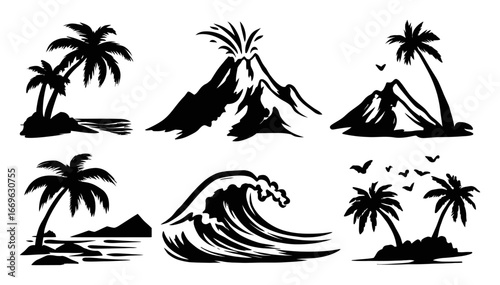Scenic Nature Silhouettes with Palm Trees, Waves, and Volcano Elements