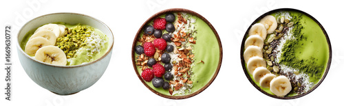 Set of matcha acai smoothie bowls with fresh berries, nuts and seeds topping isolated on transparent background.