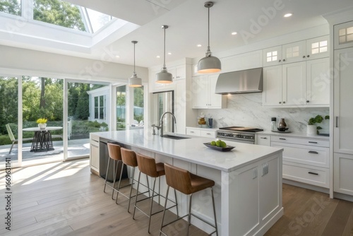 Bright modern white kitchen with large island and comfortable bar stools flooded with natural light from skylights and glass doors