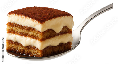 A spoon scoops up a section of tiramisu, showcasing its distinct coffee-soaked layers and creamy mascarpone.