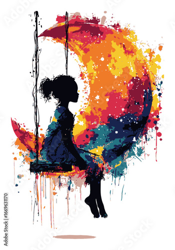 Colorful Abstract Illustration of Child on Swing Against Moon Background