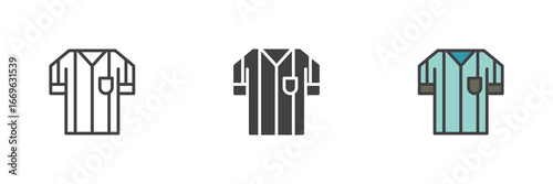 Soccer referee jersey icon set in line, solid and filled outline style