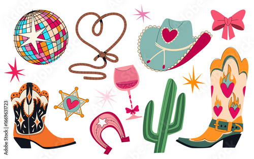 Disco cowgirl elements with mirror ball, heart rope lasso, horseshoe and hat, boots and sheriff star for party designs. Western accessories with pink bows, cocktail glass and retro rodeo country icons