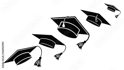 Five Black Graduation Caps in Motion Academic Celebration.