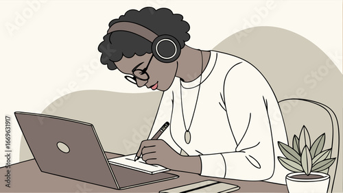 Focused Black Woman Writing Notes While Wearing Headphones.