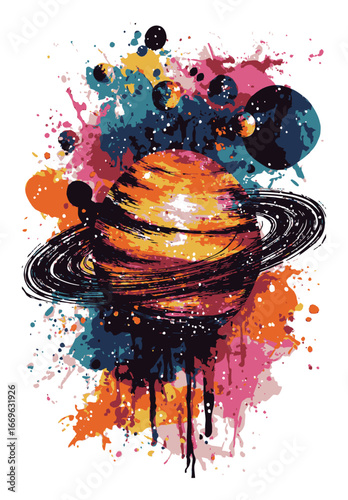 Colorful Abstract Illustration of Saturn with Creative Splashes and Details