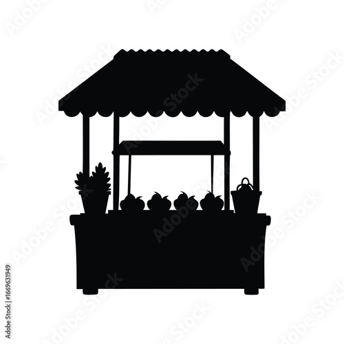 Black and white silhouette of a quaint market stall with produce, farm market stand illustration silhouette