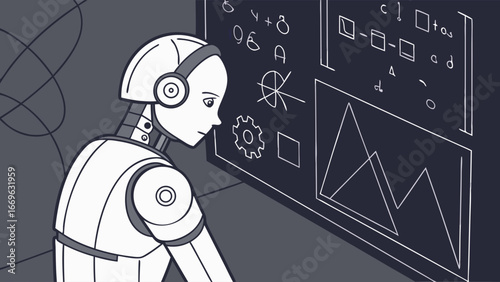 Focused Robot Analyzing Data on a Digital Board.