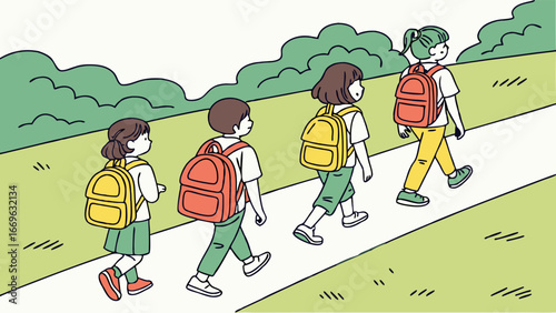 Four Children Walking to School with Backpacks 2.