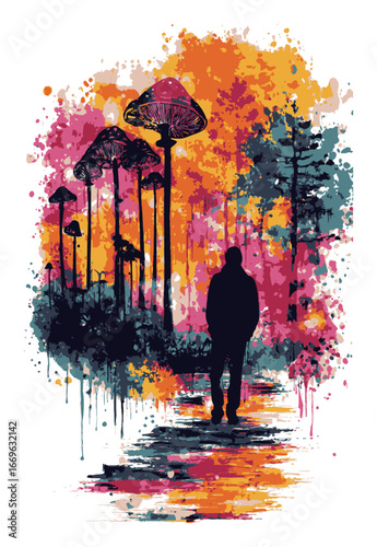 Colorful Abstract Illustration of Silhouette Walking Among Fantasy Fungi