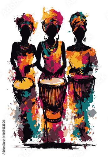 Colorful Abstract Illustration of Three Drummers in Vibrant Patterns